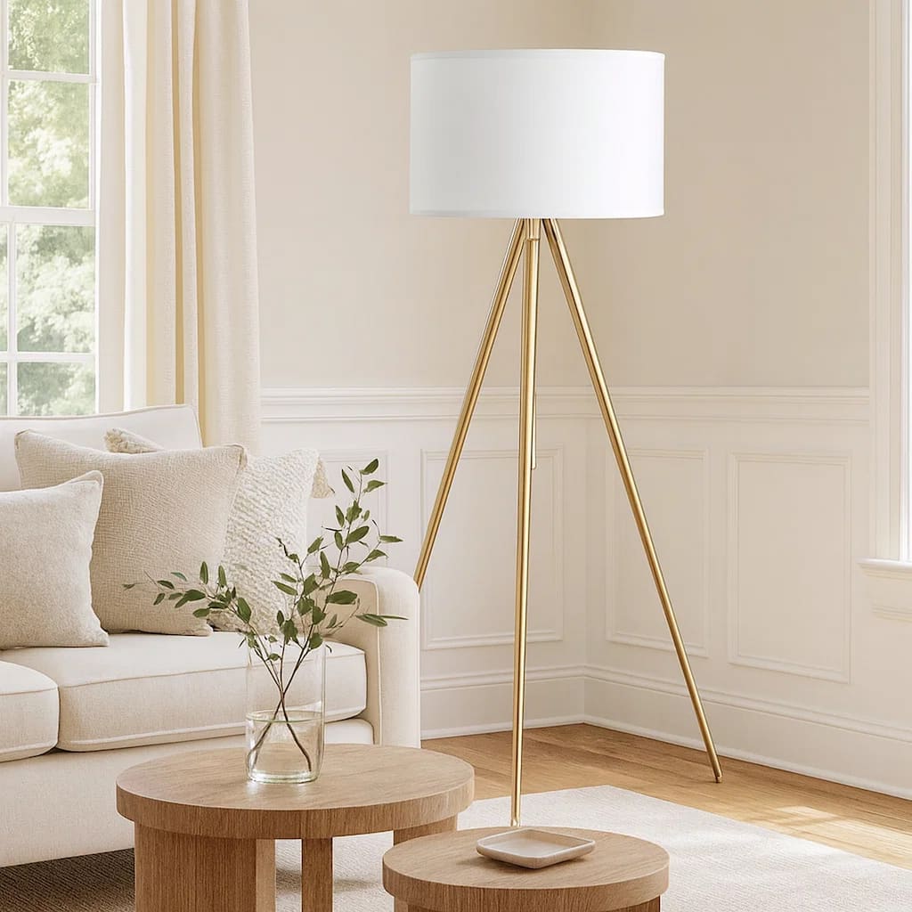 Kera Floor Lamp, White Drum Shade, Brass Gold Tripod Base 64 Inch