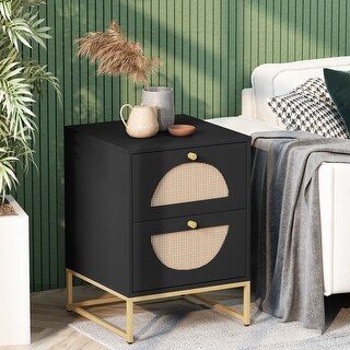 Modern Minimalism Nightstand, Bohemian Wood Bedside Table with Woven Rattan Drawers, Sofa Side Table, Rustic Farmhouse End Table
