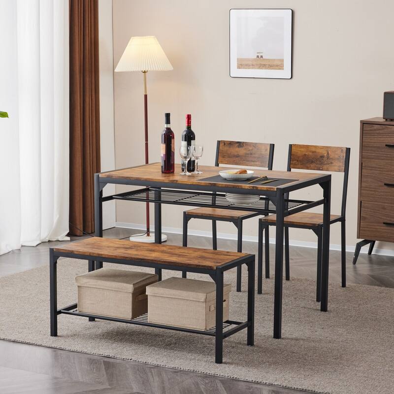 Mid-Century Modern 4 Piece Dining Set,Rectangular Table, Bench, 2 Chairs, Steel Frame