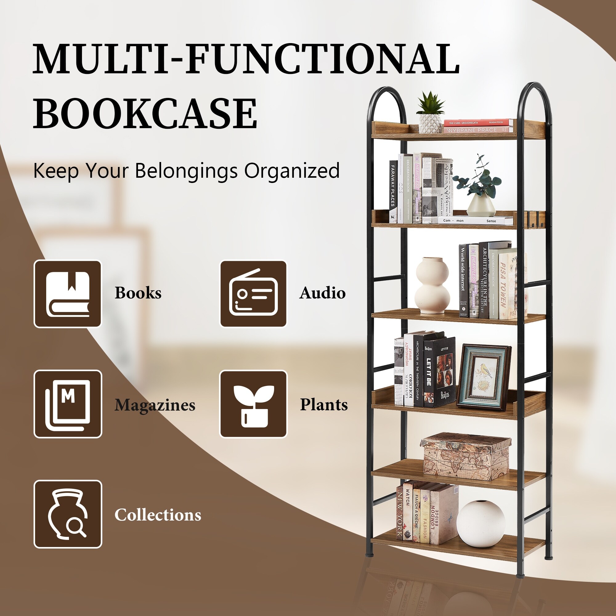6 tier Tall Bookshelf with Round Top Frame Adjustable Foot Pads