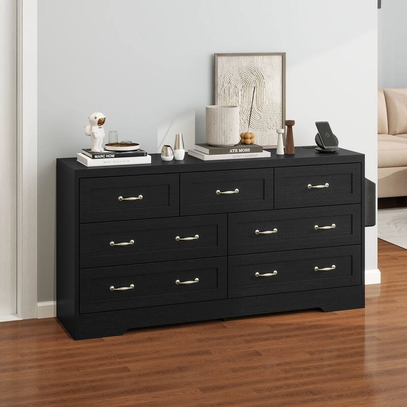 Moasis 6-Drawer 7-Drawer Double Dresser with Power Outlet and Organizer Bag - Black - 7-drawer
