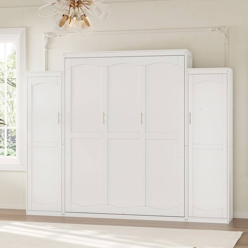 Full Size and Queen Size Murphy Bed, Wooden Queen Wall Bed with 2 Wardrobe and Storage Shelf
