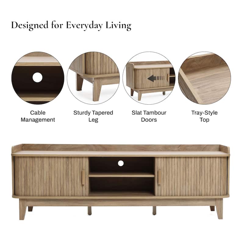 Mid-Century Modern Tambour-Style 2-Door TV Stand and Console with Raised Sides, Oak - 20.9" H x 63" W x 15.7" D