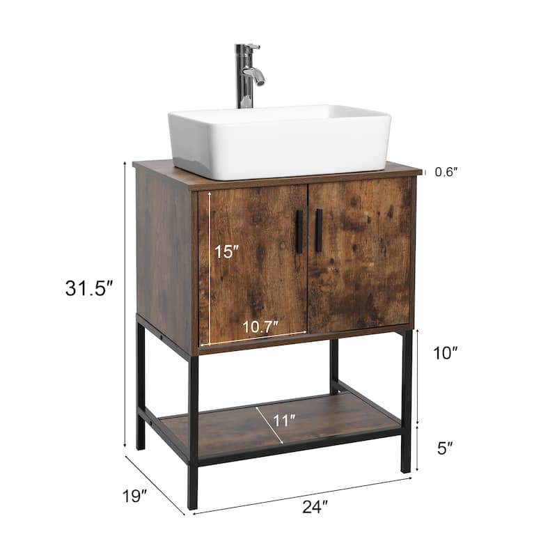 24" Bathroom Vanity Sink Set Brown Free-standing Manufactured Wood with Sink Faucet Drain Combo