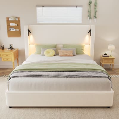 Beige Frame Upholstered Platform Wingback Bed Thick Corner High Headboard with 2 Sets of Wall Sconces, Center Metal Legs Support