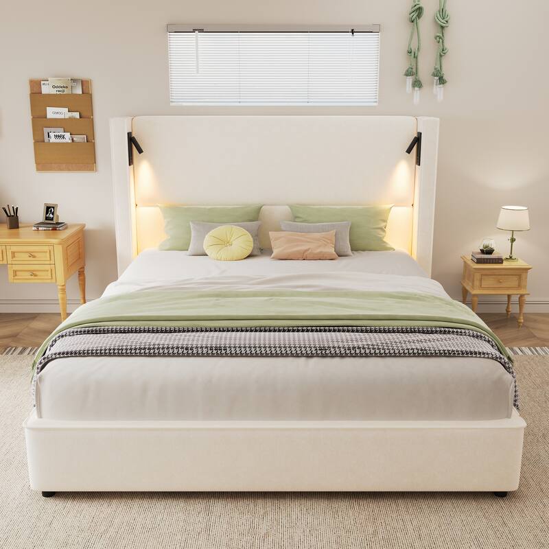 Beige Upholstered Bed Frame with High Wingback Headboard, Reading Lamp and USB Port, Low-Profile Platform Bed for Bedroom