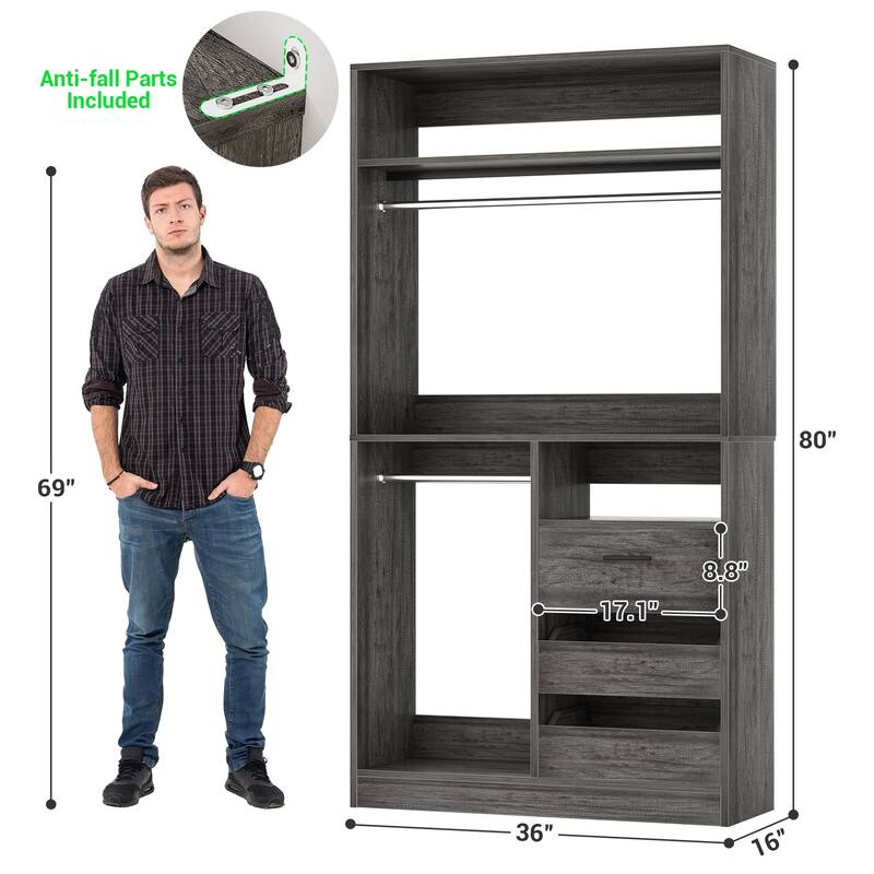 Qvella 72'' Closet System with 6 Wooden Drawers and 4 Hanging Rods, Walk-in Closet Organizer with 10 Storage Shelves