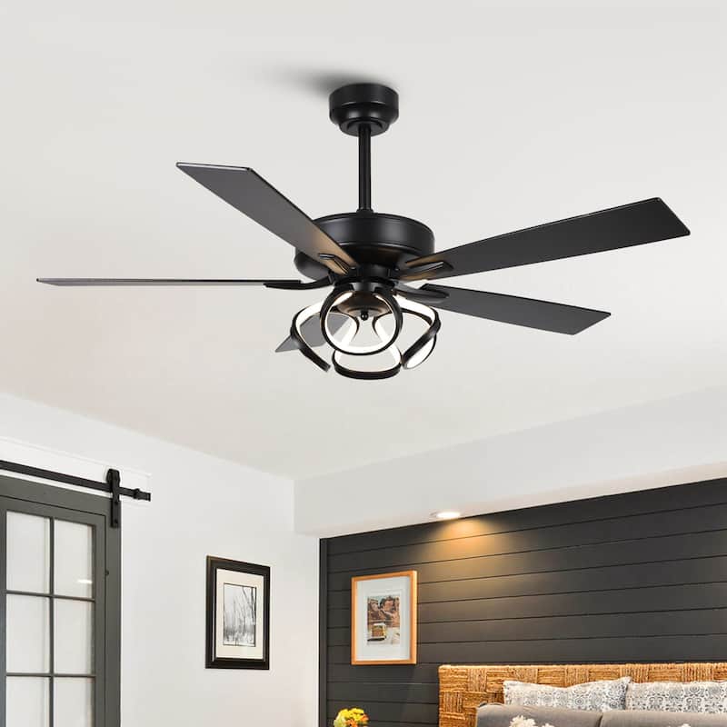 52" Modern Chrome/ Black Indoor Dimmable LED Ceiling Fan with Light and Remote