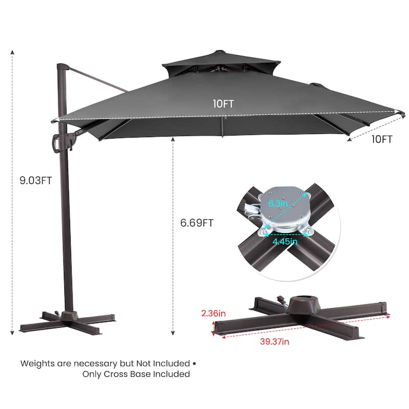 Deluxe 10' x 10' Outdoor Square Double Top Cantilever Umbrella, Base Not Included