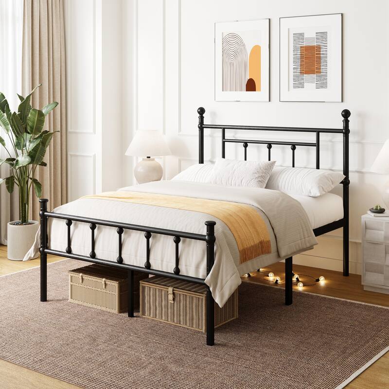 Black Metal Bed Frame with Headboard and Underbed Storage, Easy Assembly