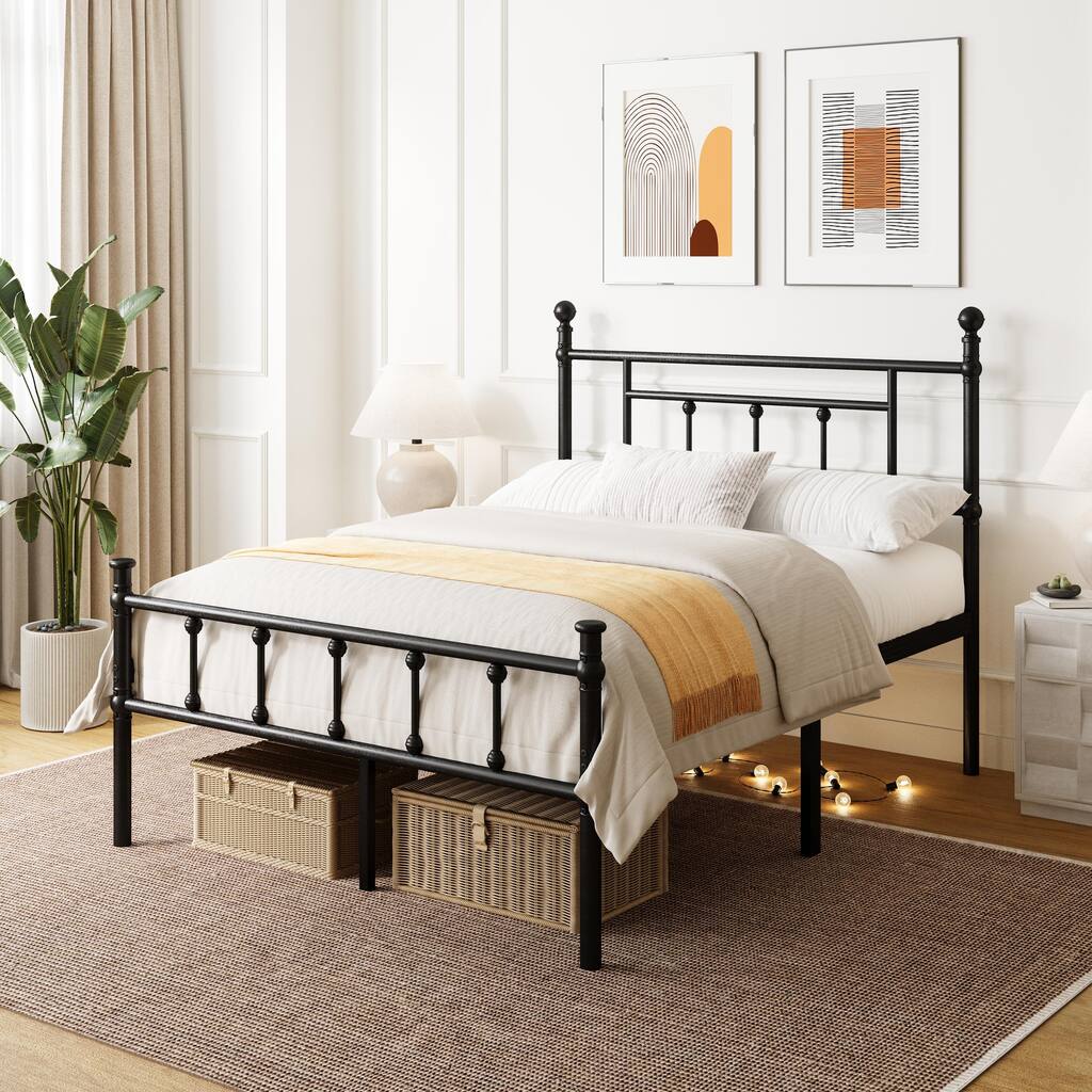 Black Metal Bed Frame with Headboard and Underbed Storage, Easy Assembly
