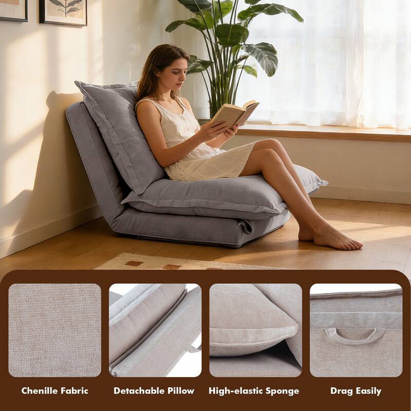 Chenille Upholstered Convertible Flip Comfy Bean Bag Lazy Sofa with Adjustable Backrest for Living Room