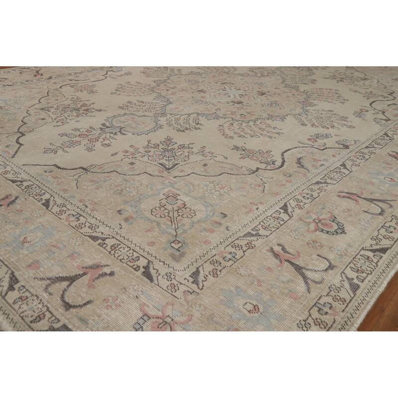 Floral Tabriz Persian Area Rug Hand-Knotted Beige Wool Carpet - 8'2"x 10'11"