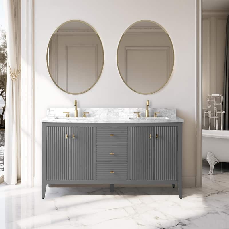 Vanity Art 60" Double Sink Bathroom Vanity Cabinet with Engineered Marble Top