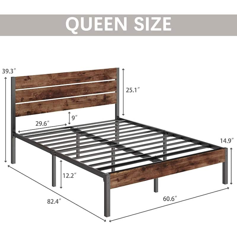 Brown Wood Headboard Platform Bed Frame with Sturdy Metal Design