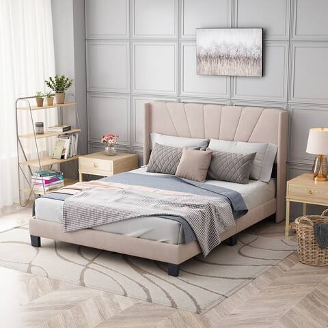 Queen Size Velvet Upholstered Platform Bed, Box Spring Needed