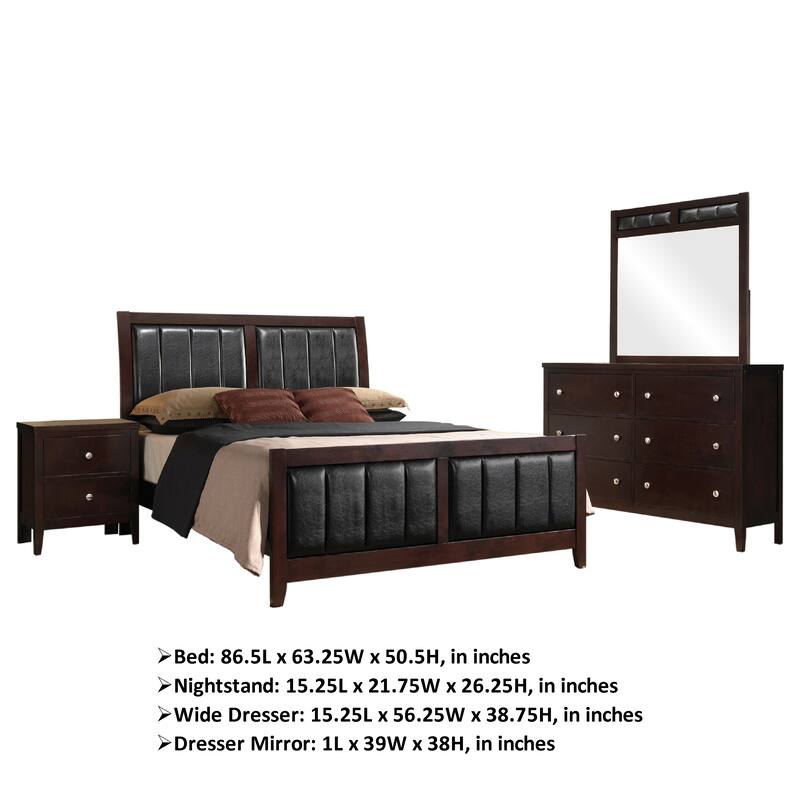 Con 4 Piece Queen Bedroom Set, Black Leather Upholstery, Dark Brown