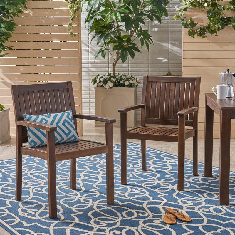 Acacia Wood Dining Chairs Set of 2 Dark Brown Rustic Outdoor Patio Furniture