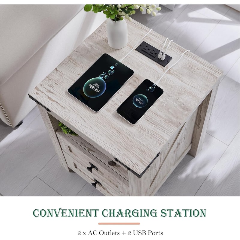 Farmhouse Nightstand Set of 2 with Charging Station, End Table