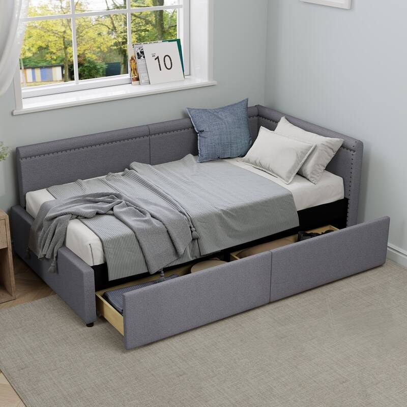 Modern Twin Size L Shape Corner Upholstered Daybed with Two Storage Drawers - Grey