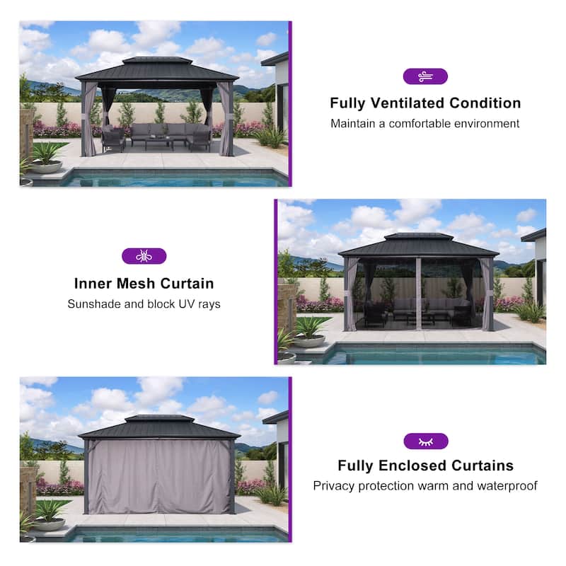 PURPLE LEAF Gazebo Outdoor Gazebo with Dual-Layer Galvanized Steel Double Roof Aluminum Gazebo with Netting and Curtains Grey