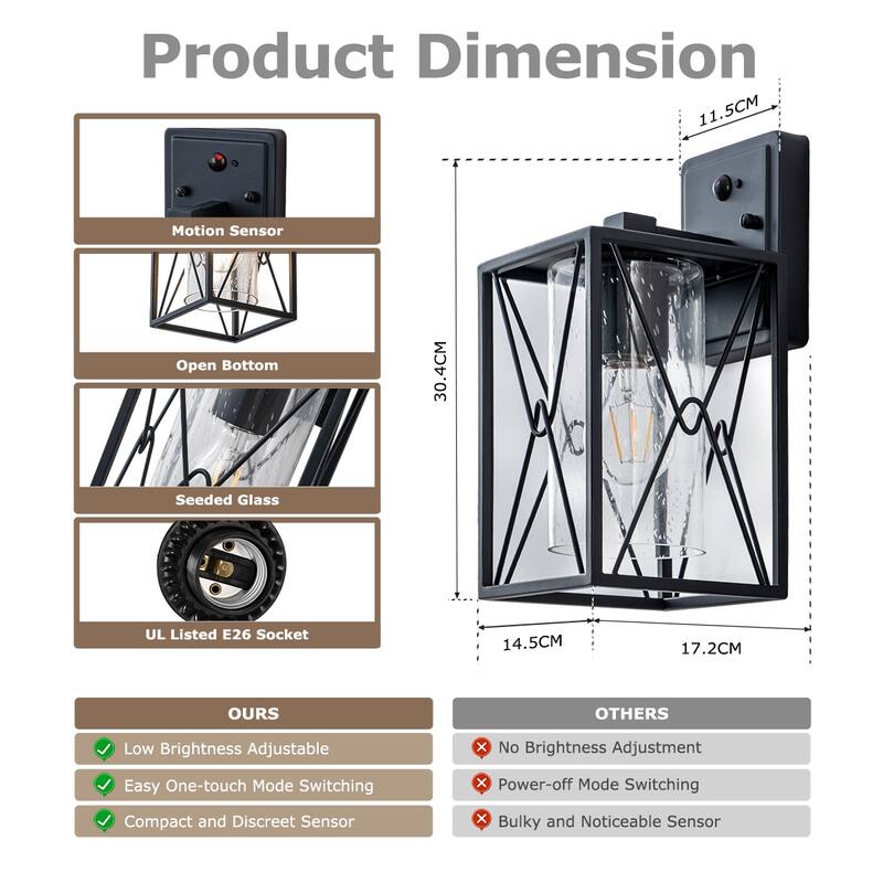 Motion Sensor Outdoor Wall Lanterns with Seeded Glass, Set of 2 - Black