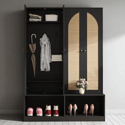 Farmhouse Hall Tree with 4 Rattan Doors, 6 Hooks & Bench, Mid-Century Entryway Organizer with Adjustable Shelves