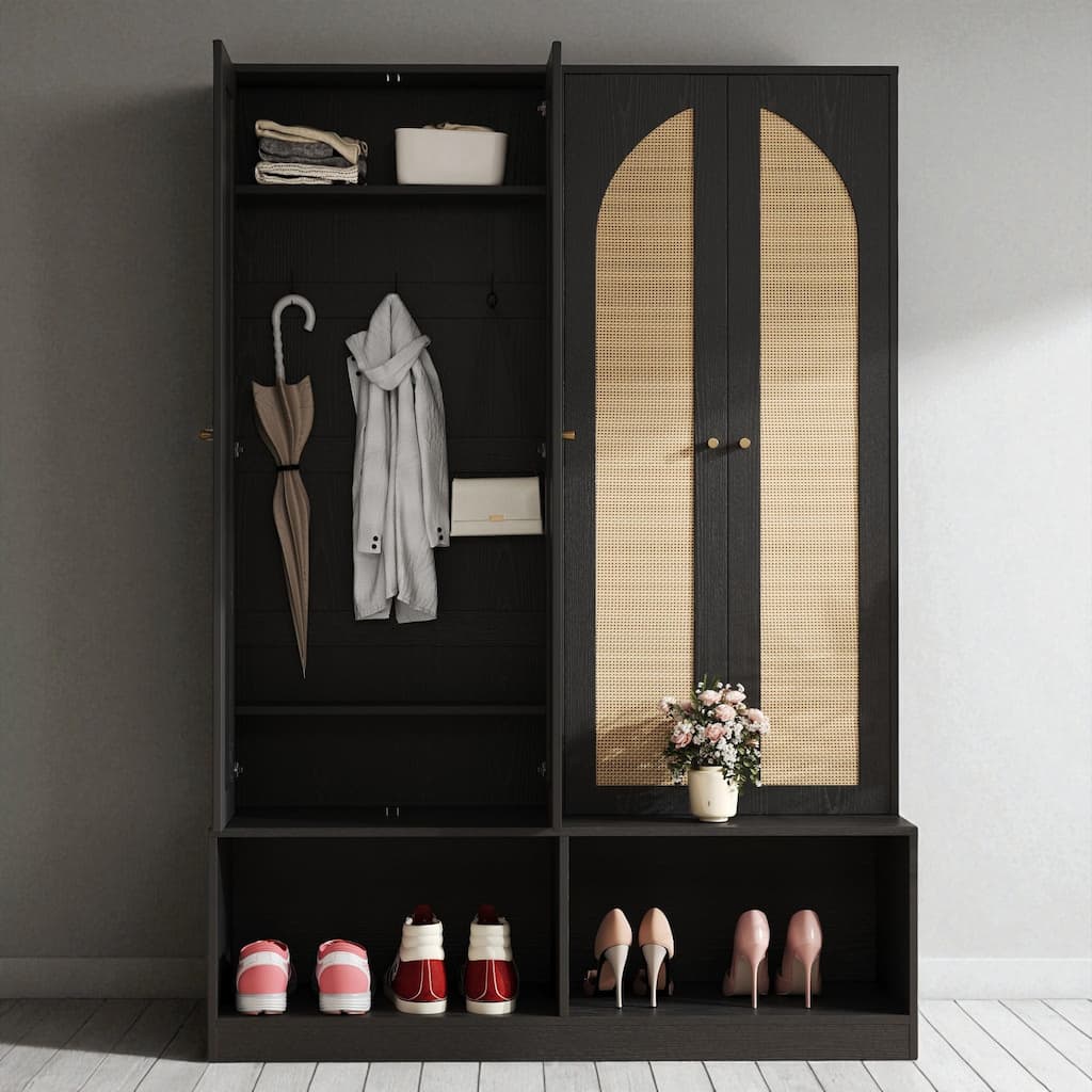 Farmhouse Hall Tree with 4 Rattan Doors, 6 Hooks & Bench, Mid-Century Entryway Organizer with Adjustable Shelves