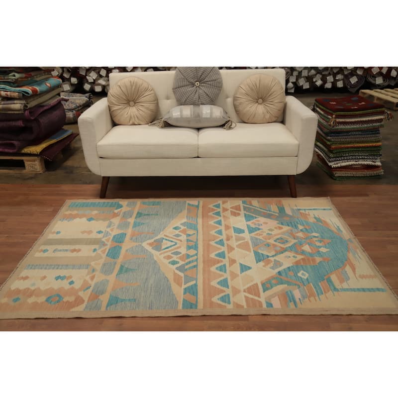 Hand Woven Oriental 100% Wool Carpet Southwestern Tribal Multi-Colored Kilim Area Rug - 6' 3'' X 4' 2''