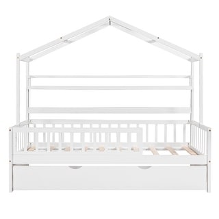 Pine Twin House Bed with Trundle & Shelves - Safe & Fun
