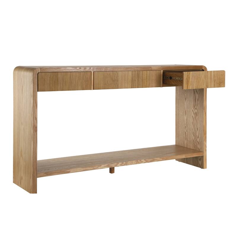 Round Edge Design Modern Console Table with 3 Drawers Vertical Slats