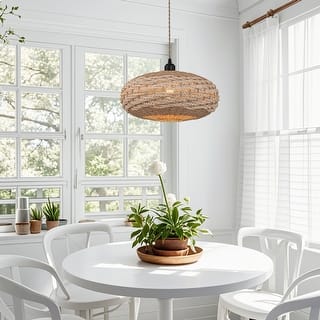 Palma 1-Light Two Tone Natural Woven Oval Pendant Light in Brass Finish - 16 in.Wide