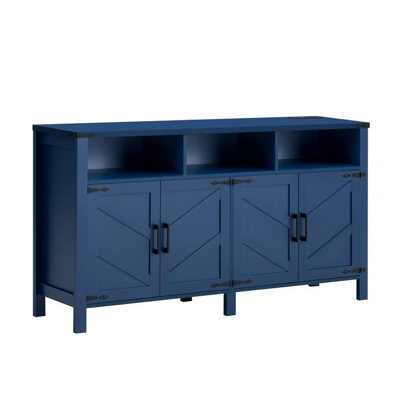 Modern 4-Door Sideboard Buffet with Power Outlets Adjustable Shelves and Half-Open Storage Design