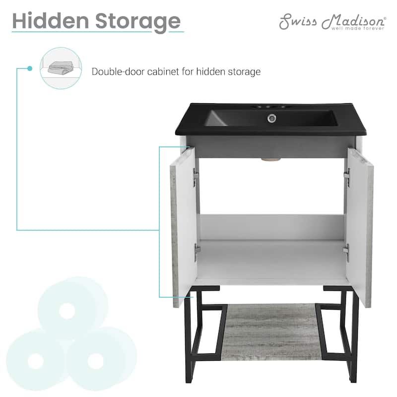 Marseille 24 In. Gray Oak Bathroom Vanity With Black, 3-Hole Ceramic Sink Top