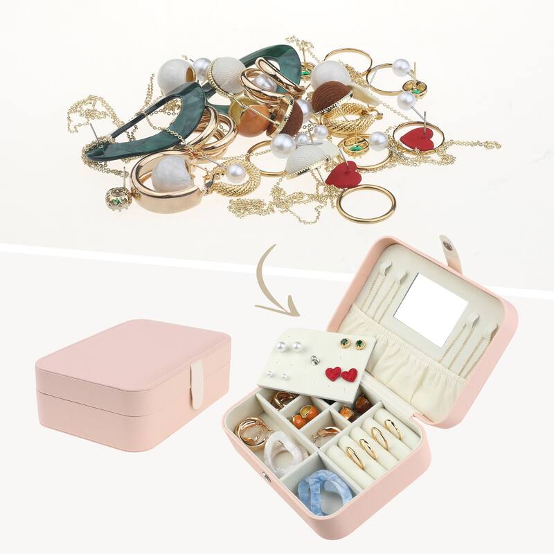 Travel Jewelry Box with Mirror for Women Girls Birthday Gifts, Portable PU Leather Jewelry Organizer Case Storage Display Holder - Nude Pink