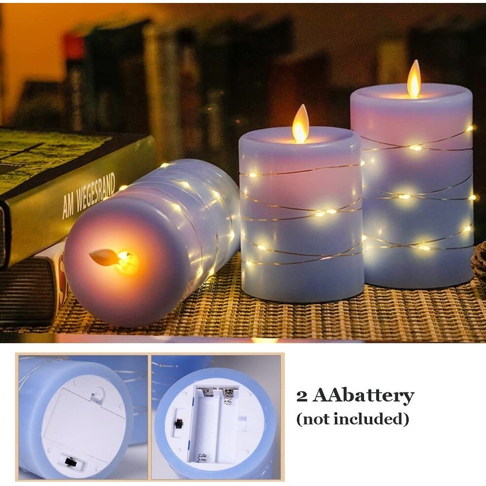Flameless Candles Light with String Lights Battery Operated Flickering Moving Wick Candles Set of 3 Blue Electric LED Bed Bath Beyond 37610886