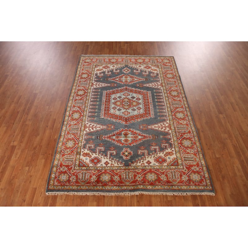 Geometric Viss Indian Area Rug Hand-Knotted Blue Wool Carpet - 6'0" x 8'8"