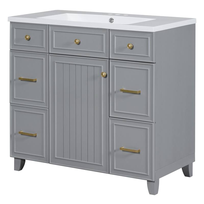 36" Black Bathroom Vanity Cabinet with Single Sink, Soft-Close Door, 3 Drawers, Waterproof Resin Sink