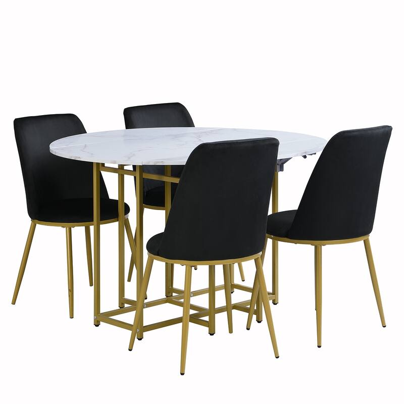 5PCS Extendable Dining Table Set With Faux Marble Top