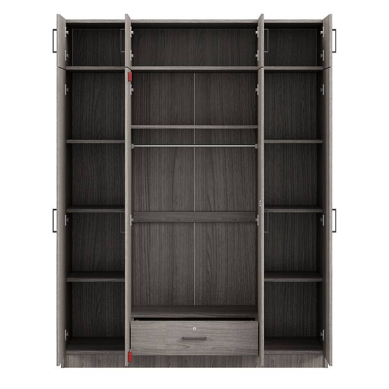 Modern Bedroom Wardrobe with 4 Doors and Top Cabinet, Freestanding Armoire Closet with Hanging Rod, 1 Drawer and Storage Shelves