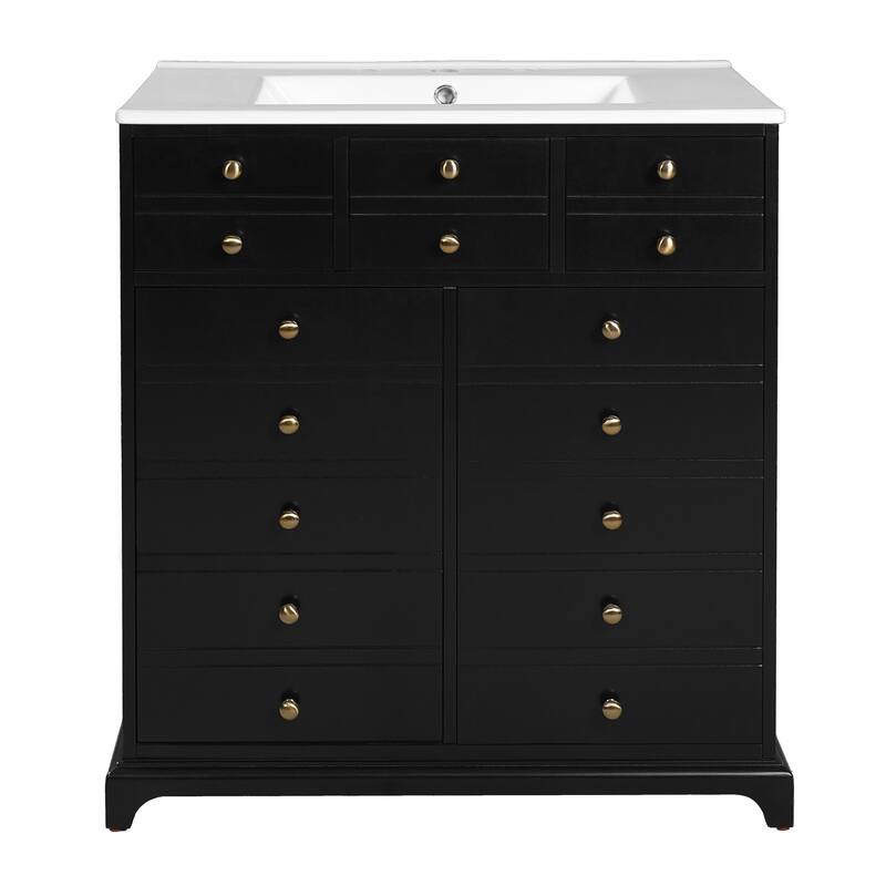 Bathroom Vanity with Ceramic Sink Combo,Solid Wood Frame,Freestanding Vanity Set with 2 Drawers& Soft Closing Doors
