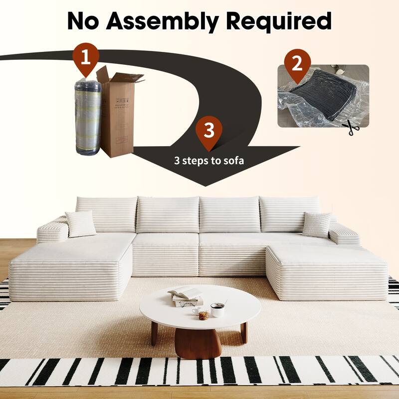 U Shaped Modular Sectional Sofa with Ottoman & Chaise, Corduroy Upholstered Boneless Couch, Corner Deep Seat Compressed Sofa