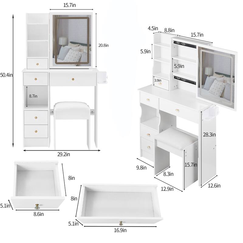 29.2" Vanity Set with LED Mirror, Charging Station & Hair Dryer Stand