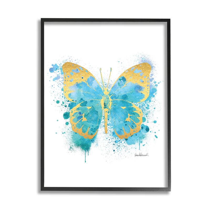Stupell Abstract Butterfly Turquoise Blue Paint Splatter Framed Wall Art - 16 x 20 - Black