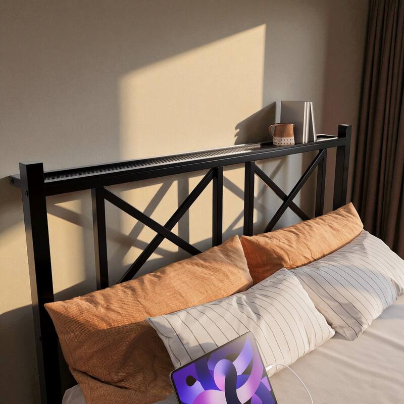 Full/Queen Floating Platform Bed Frame with LED Lights, USB Charging Station, Storage Headboard, Heavy-Duty Steel Slats
