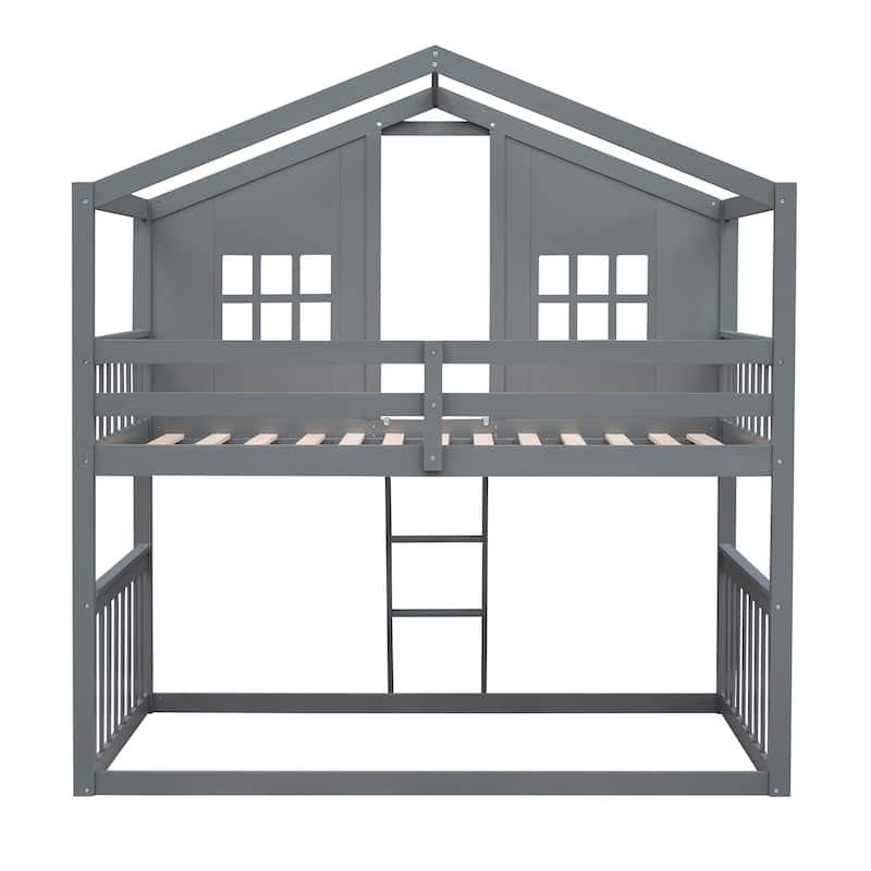 Full Size Loft Bed with Playhouse Design, Built-in Desk and Shelves