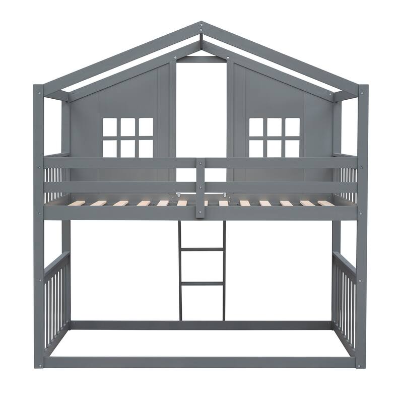 Twin Over Twin Wooden House Bunk Bed with Ladder, Gray Finish - No Box Spring Needed