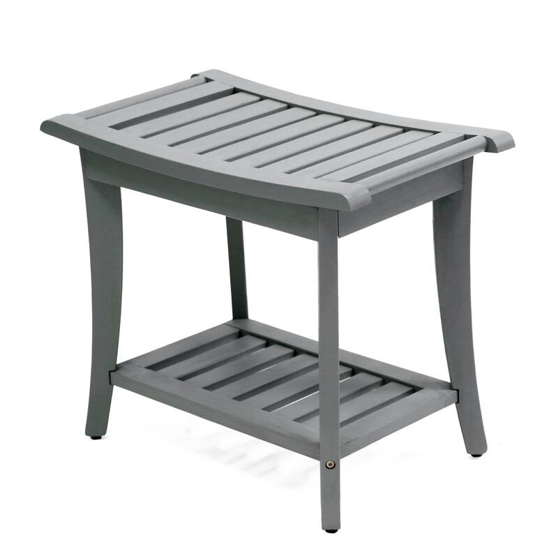Tucker 22.1" Slatted Acacia Wood Indoor/Outdoor Shower Bench w/ Shelf & Handle, By JONATHAN Y - 22.1L x 12.99W x 18.5H - Gray