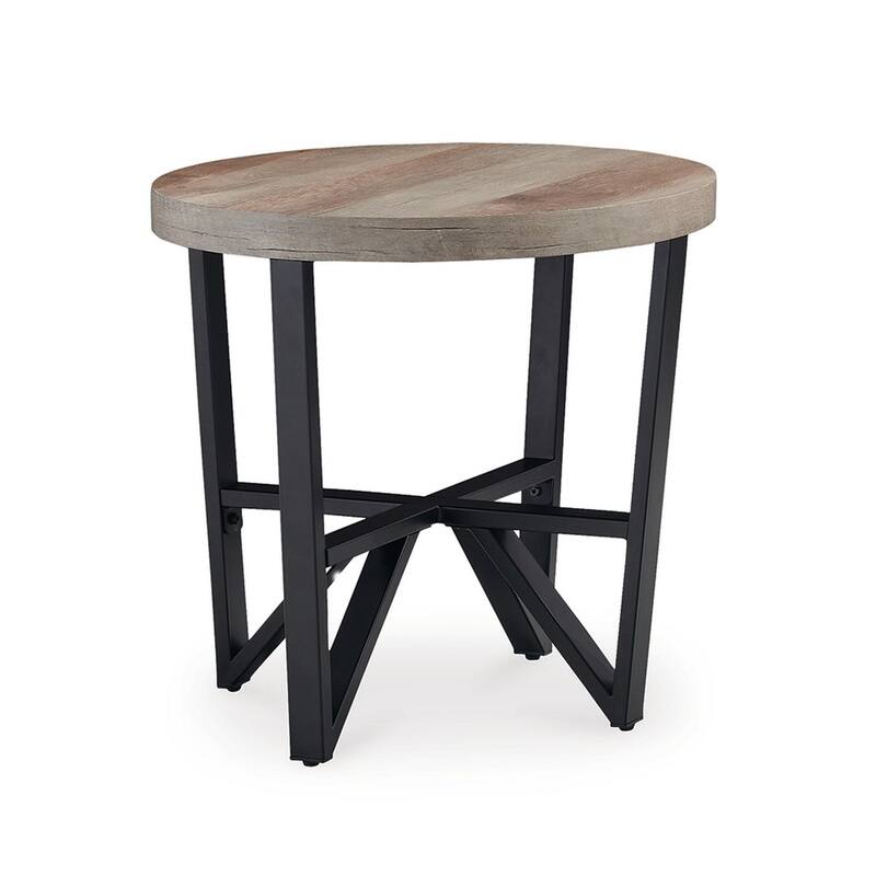 Hya 3pc Coffee and End Table Set, Brown Wood Round Top, Black Angular