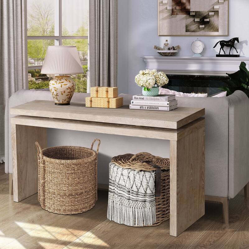 60in Antique Natural Farmhouse Console Table Retro Wooden Double Board Entryway Sofa Table